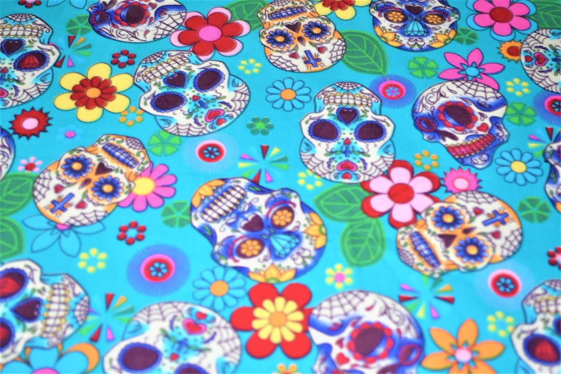 Aqua Printed Cotton Day of the Dead Sugar Skull
