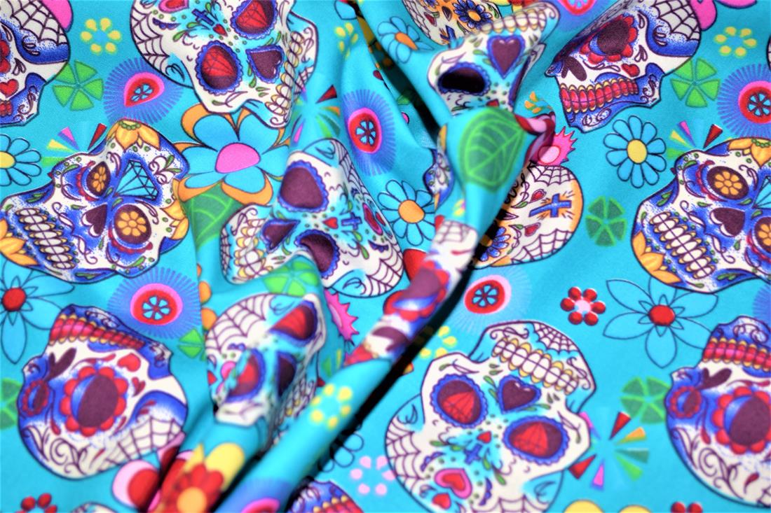 Aqua Printed Cotton Day of the Dead Sugar Skull