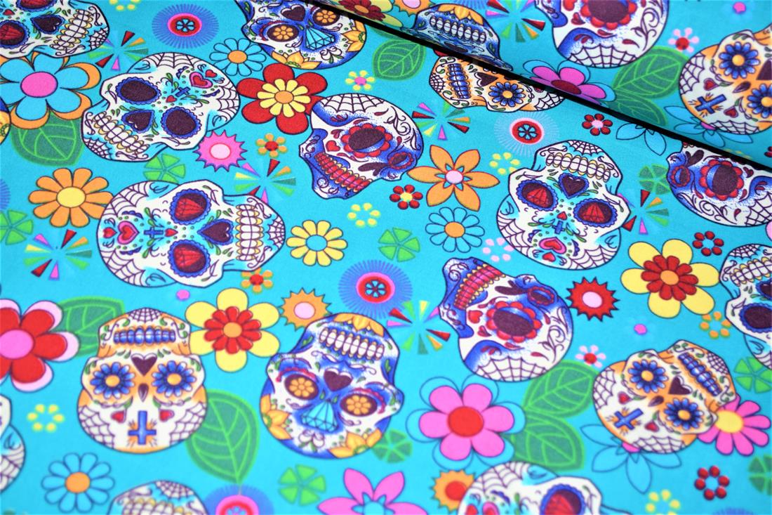 Aqua Printed Cotton Day of the Dead Sugar Skull