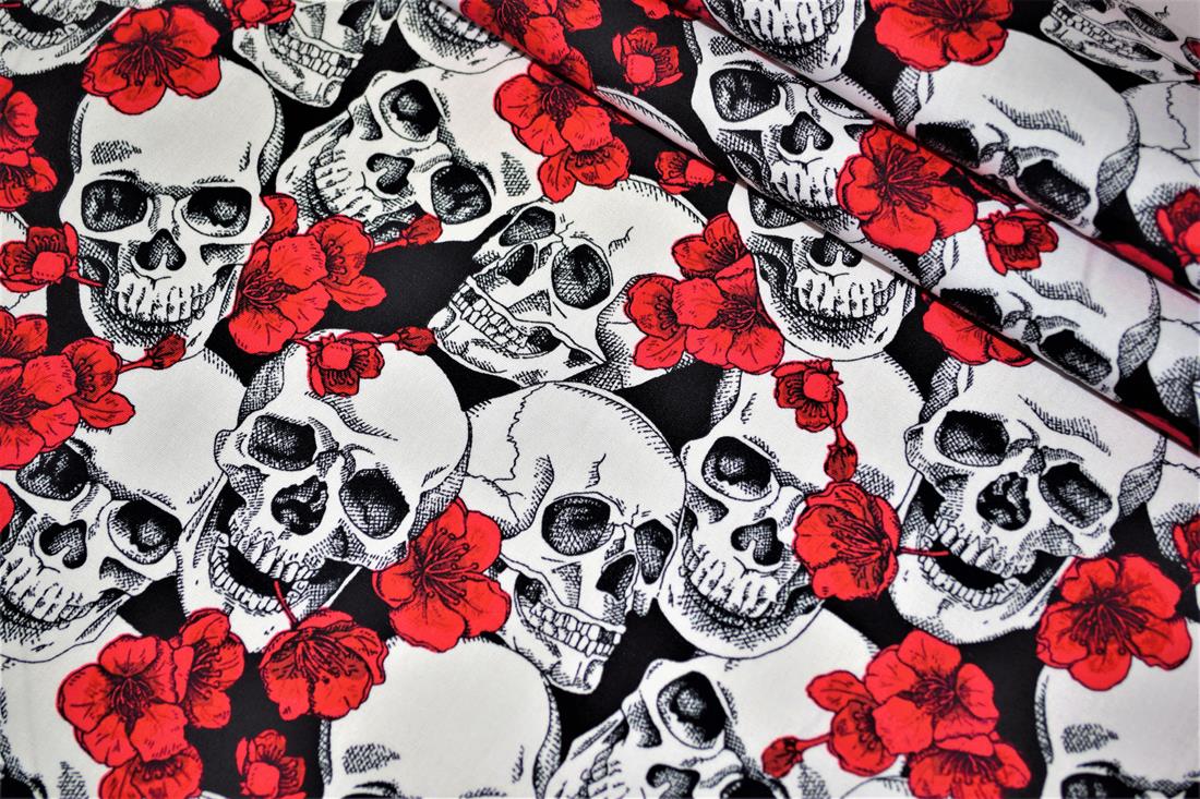 Black & White Cotton Skull & Red Flowers Print