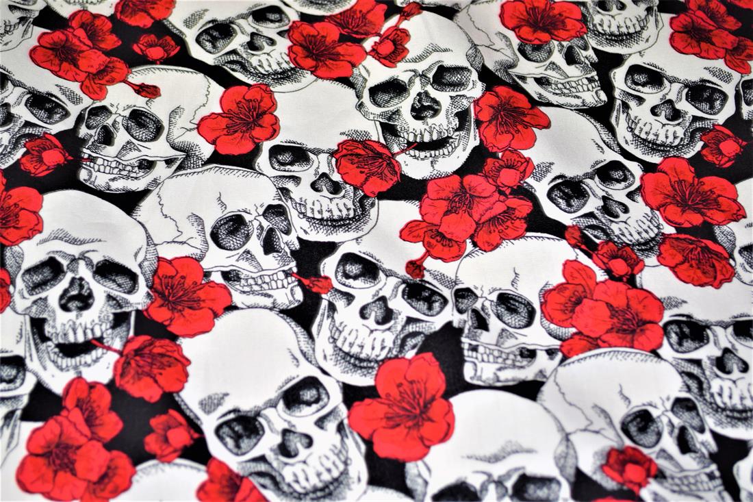 Black & White Cotton Skull & Red Flowers Print