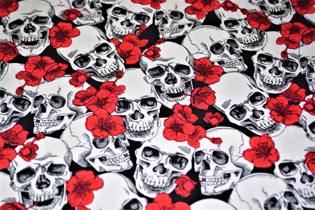 Black & White Cotton Skull & Red Flowers Print