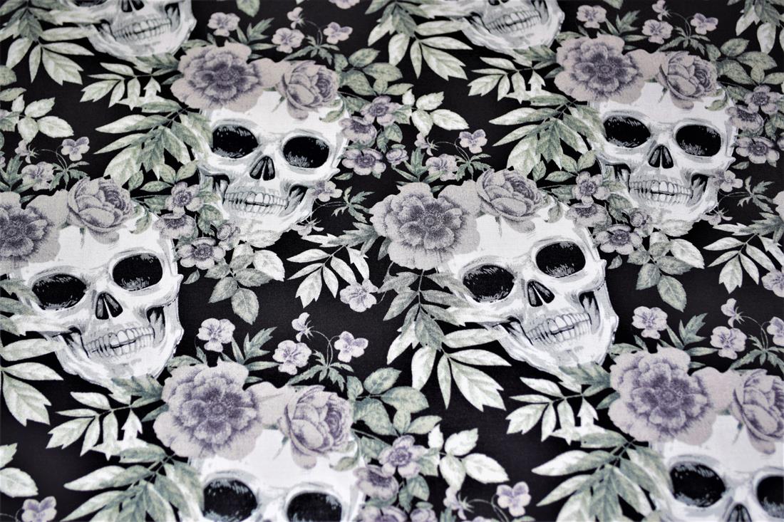 Black Cotton Skull & Rose Print