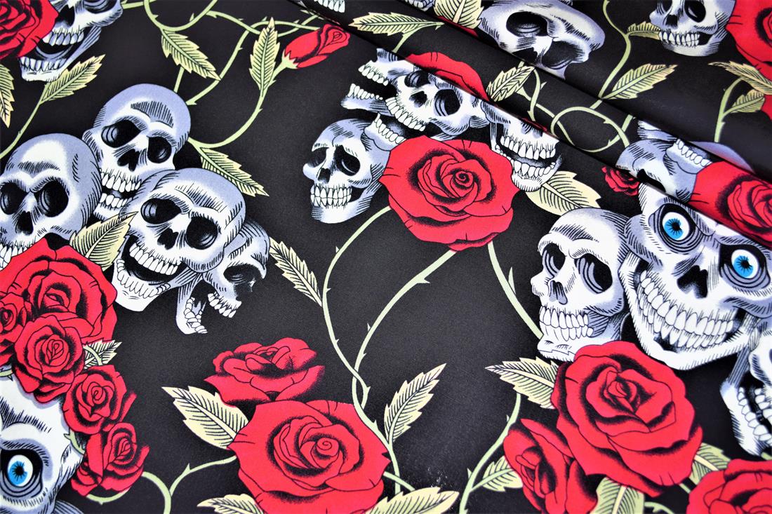 Black & RED Printed Cotton Skull & Rose