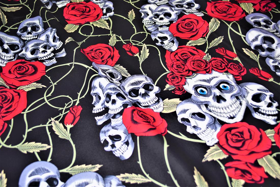 Black & RED Printed Cotton Skull & Rose