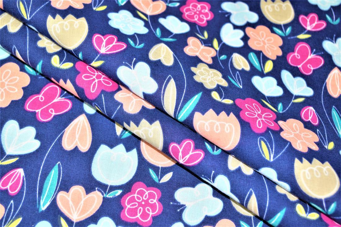 Navy Blue Cotton Printed Poly Cottons