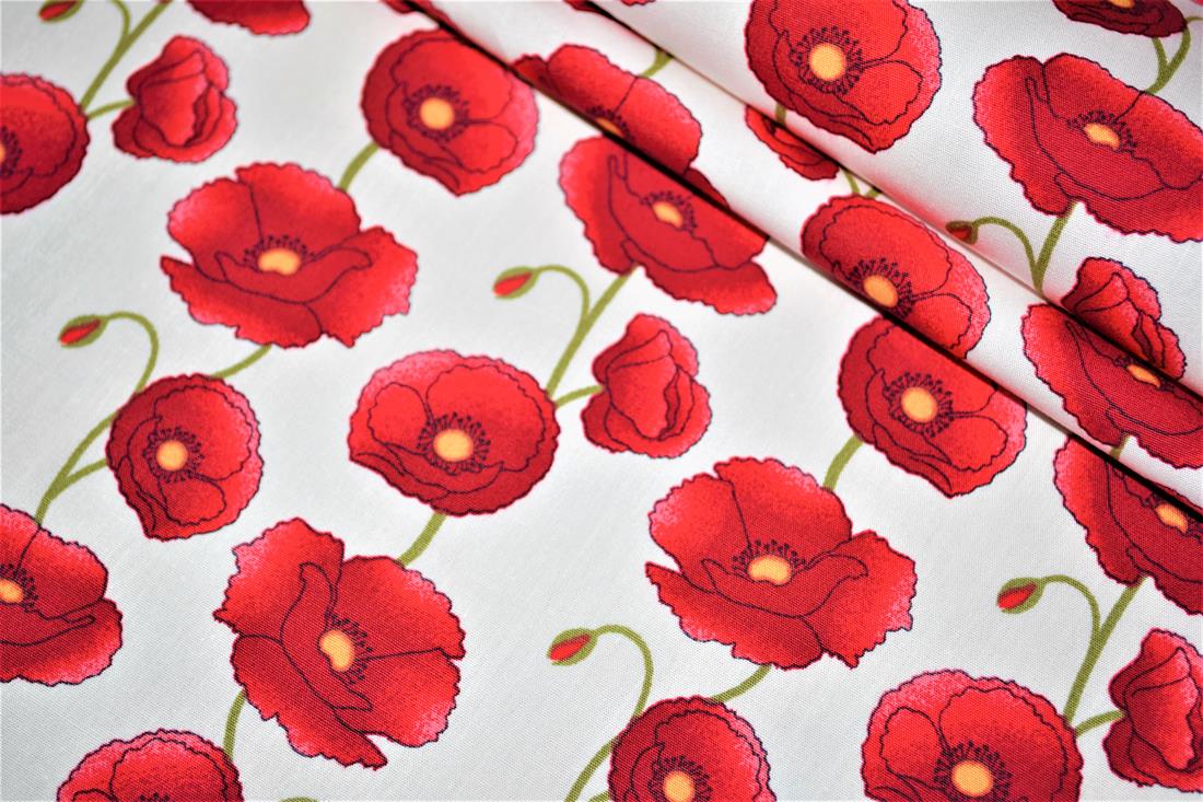 White & Red 112 CM Wide Poppy 100% Printed Cotton