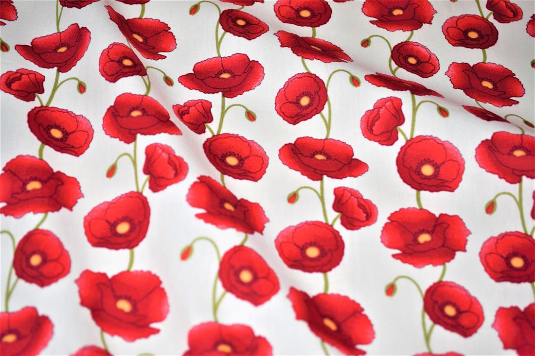 White & Red 112 CM Wide Poppy 100% Printed Cotton