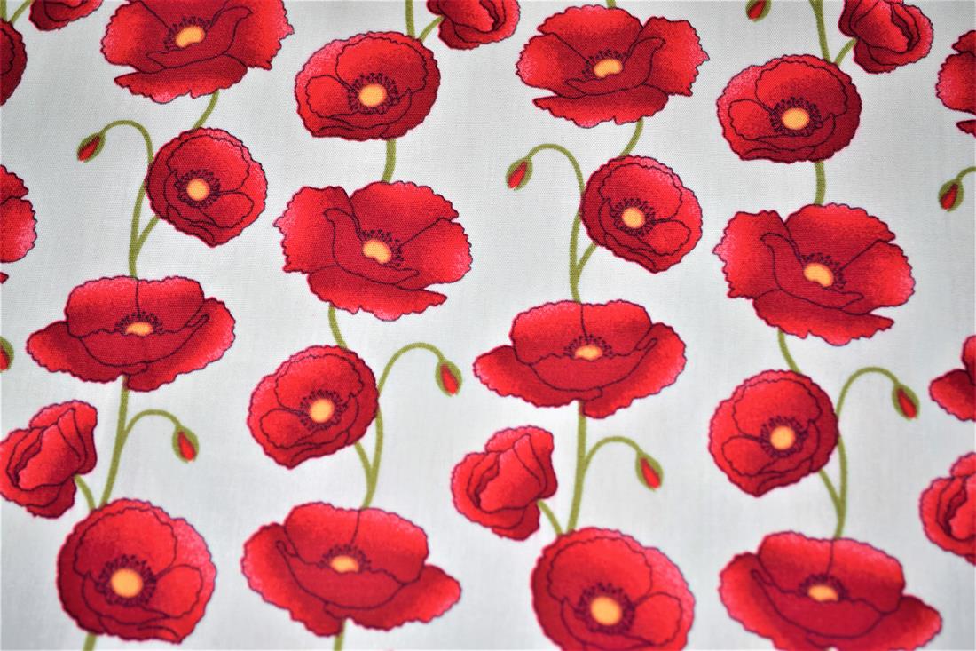 White & Red 112 CM Wide Poppy 100% Printed Cotton