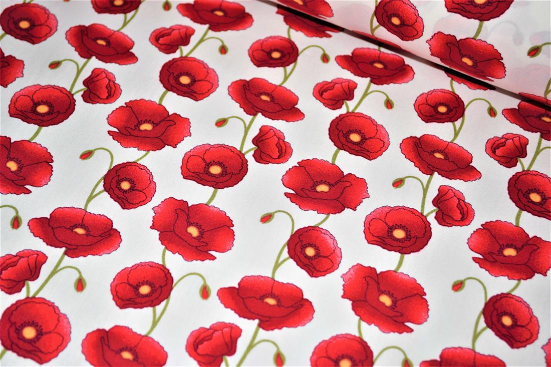 White & Red 112 CM Wide Poppy 100% Printed Cotton