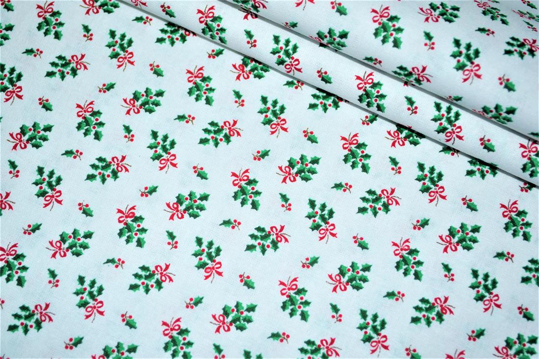 White 112 Cm Wide 100% Christmas Cotton Holly Print.