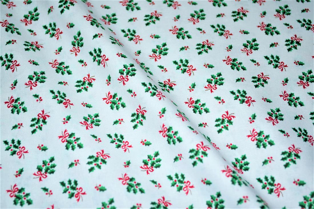 White 112 Cm Wide 100% Christmas Cotton Holly Print.