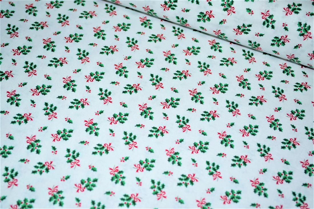 White 112 Cm Wide 100% Christmas Cotton Holly Print.