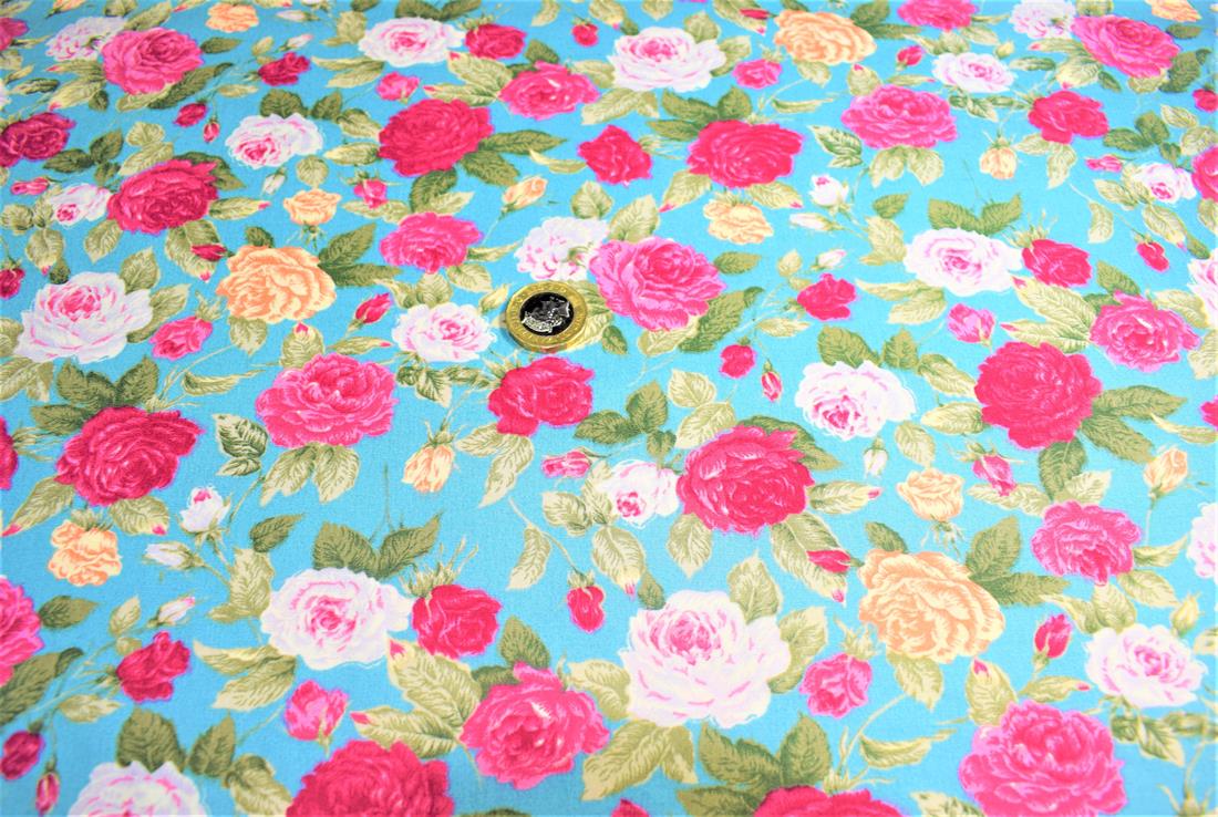 Turquoise & Pink Printed Poplin 100% Cotton 112 Cm Wide