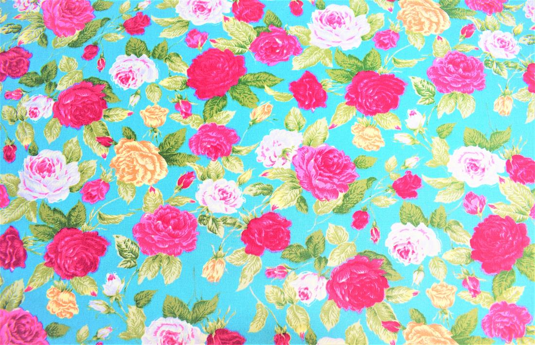 Turquoise & Pink Printed Poplin 100% Cotton 112 Cm Wide