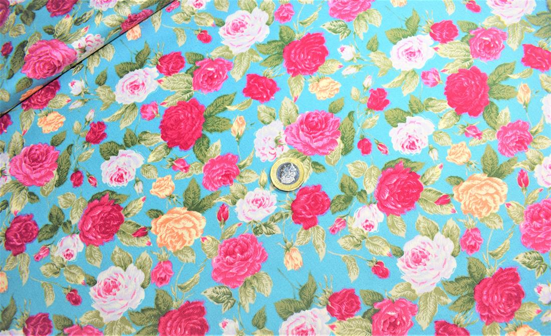 Turquoise & Pink Printed Poplin 100% Cotton 112 Cm Wide