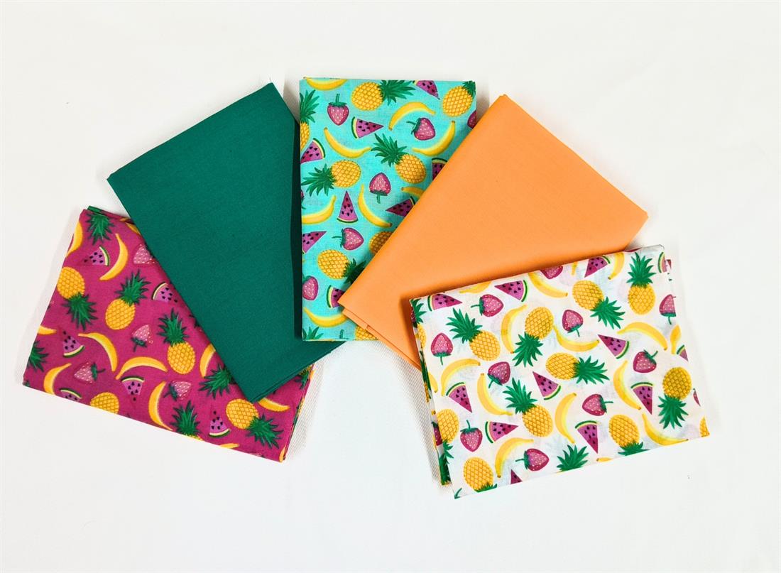 Multicolour Printed Fruit Salad & Plain Mix Fat Quarter Bundle Poly Cotton