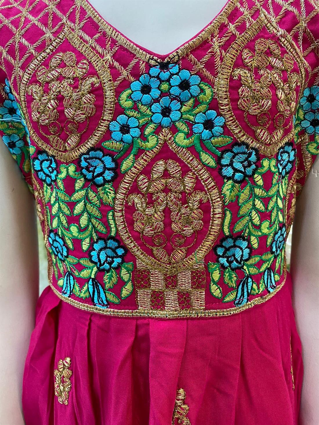 Fuchia Pink Embroidered Linen Frock Girlswear