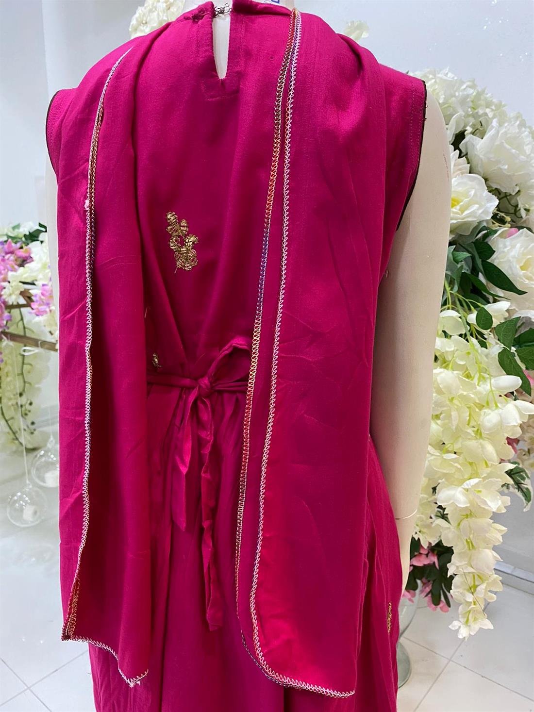 Fuchia Pink Embroidered Linen Frock Girlswear