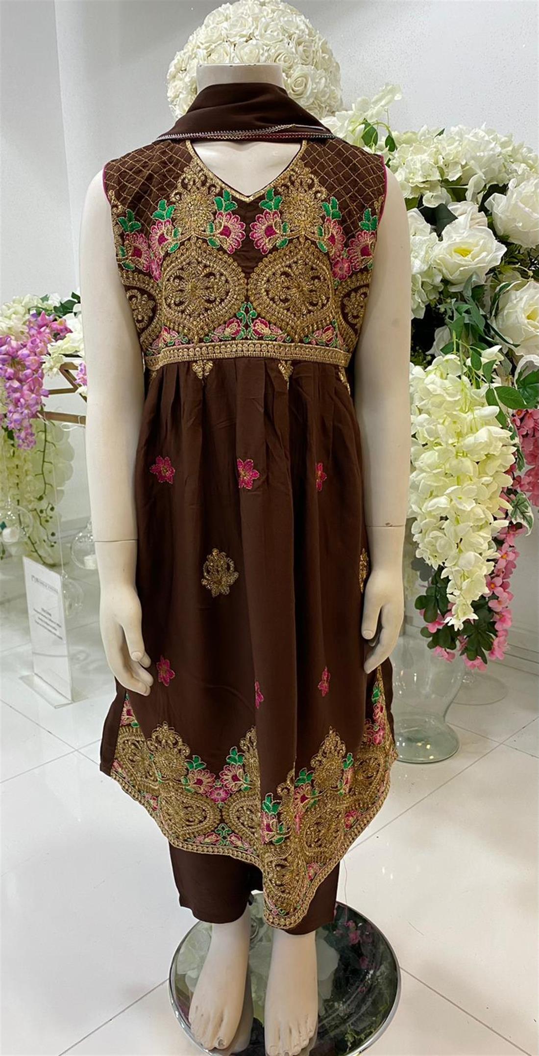Brown Embroidered Linen Frock Girlswear