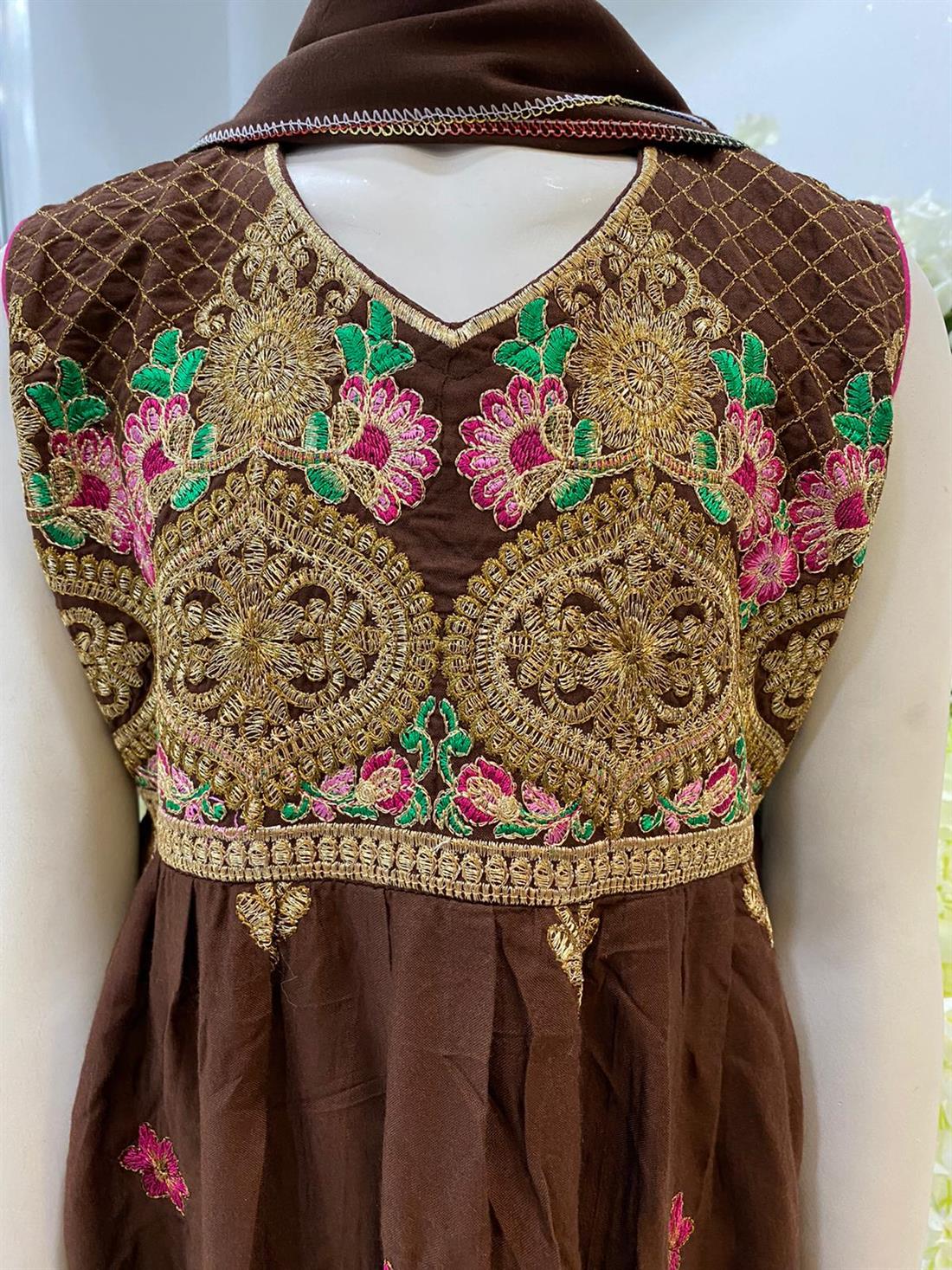 Brown Embroidered Linen Frock Girlswear