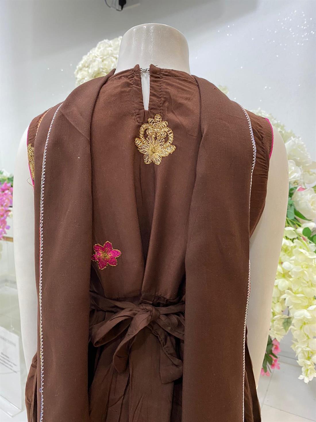 Brown Embroidered Linen Frock Girlswear