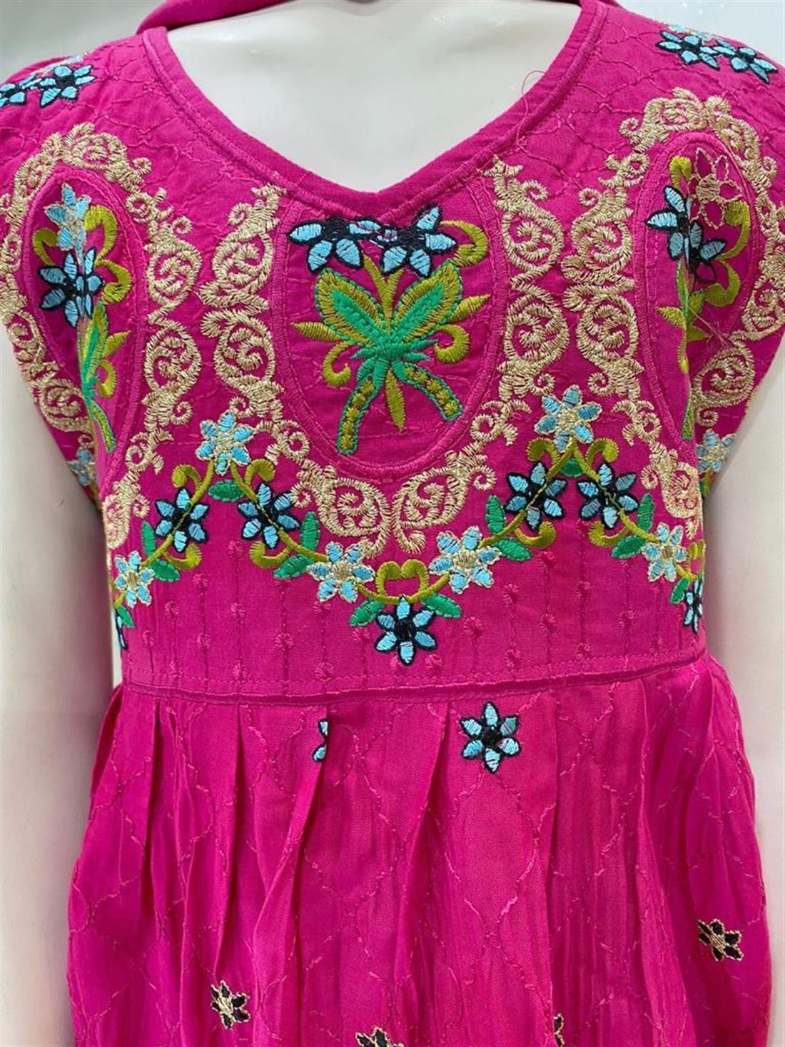 Fuchia Pink Embroidered Linen Frock Girlswear