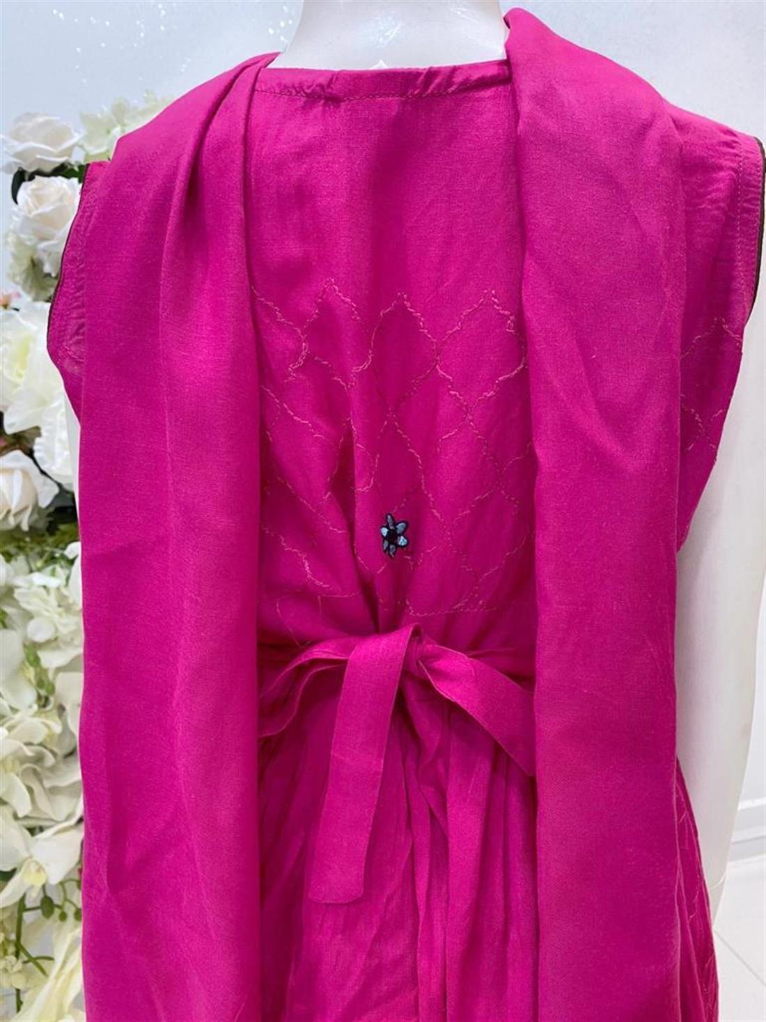 Fuchia Pink Embroidered Linen Frock Girlswear