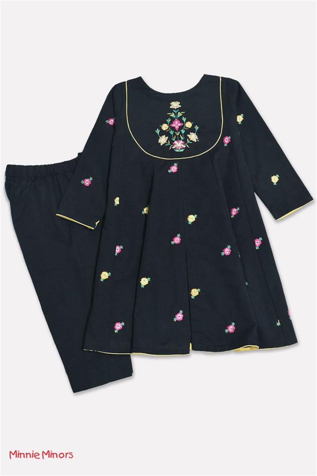 Black Thread Embroidered Khadar Frock- 2 Piece Suit.