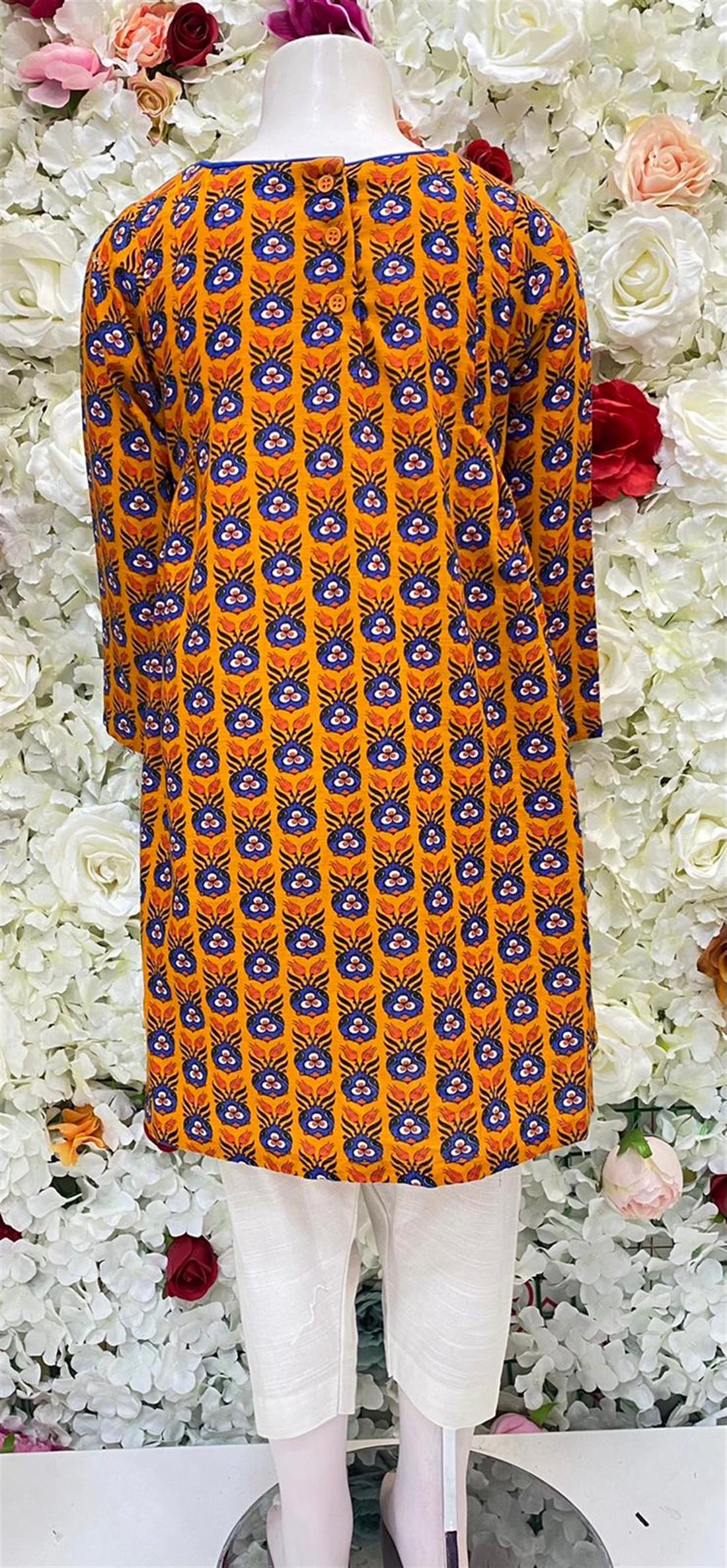 Orange & Blue Digital Printed Frock Style Khadar Kurta.