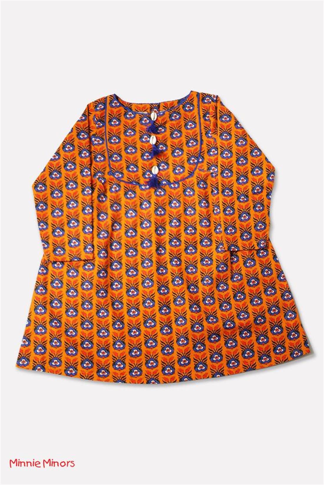 Orange & Blue Digital Printed Frock Style Khadar Kurta.