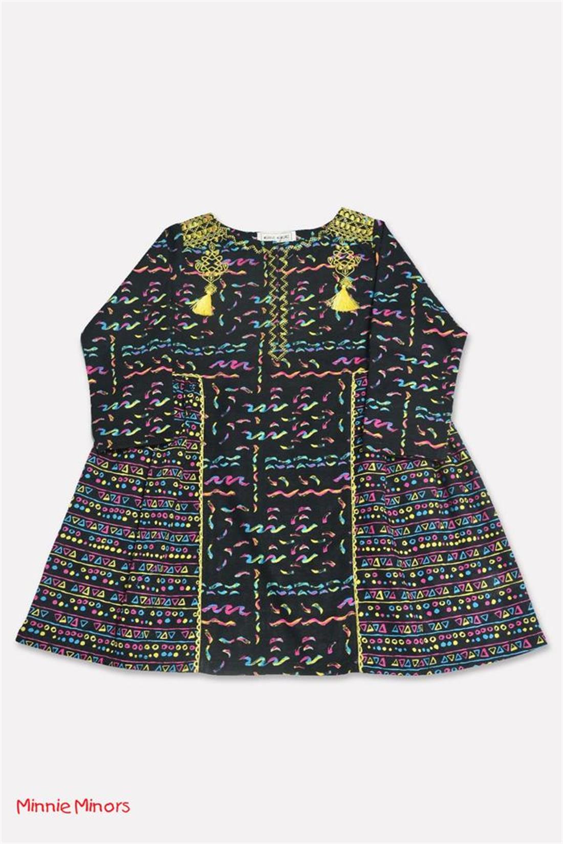 Black & Multicolour Digital Printed Frock Style Khadar Kurta.
