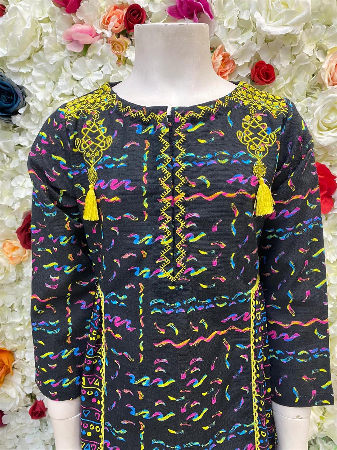 Black & Multicolour Digital Printed Frock Style Khadar Kurta.