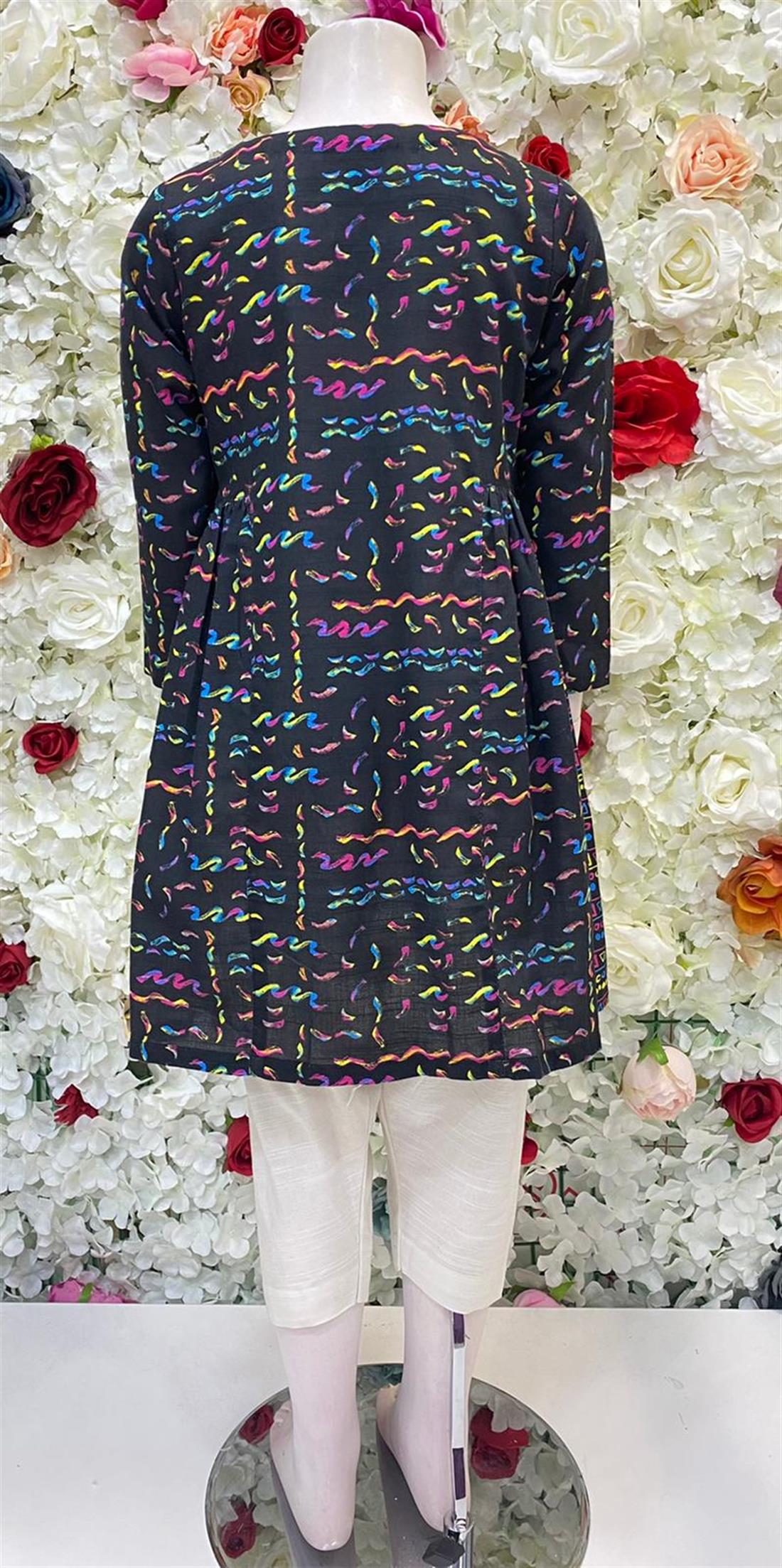 Black & Multicolour Digital Printed Frock Style Khadar Kurta.