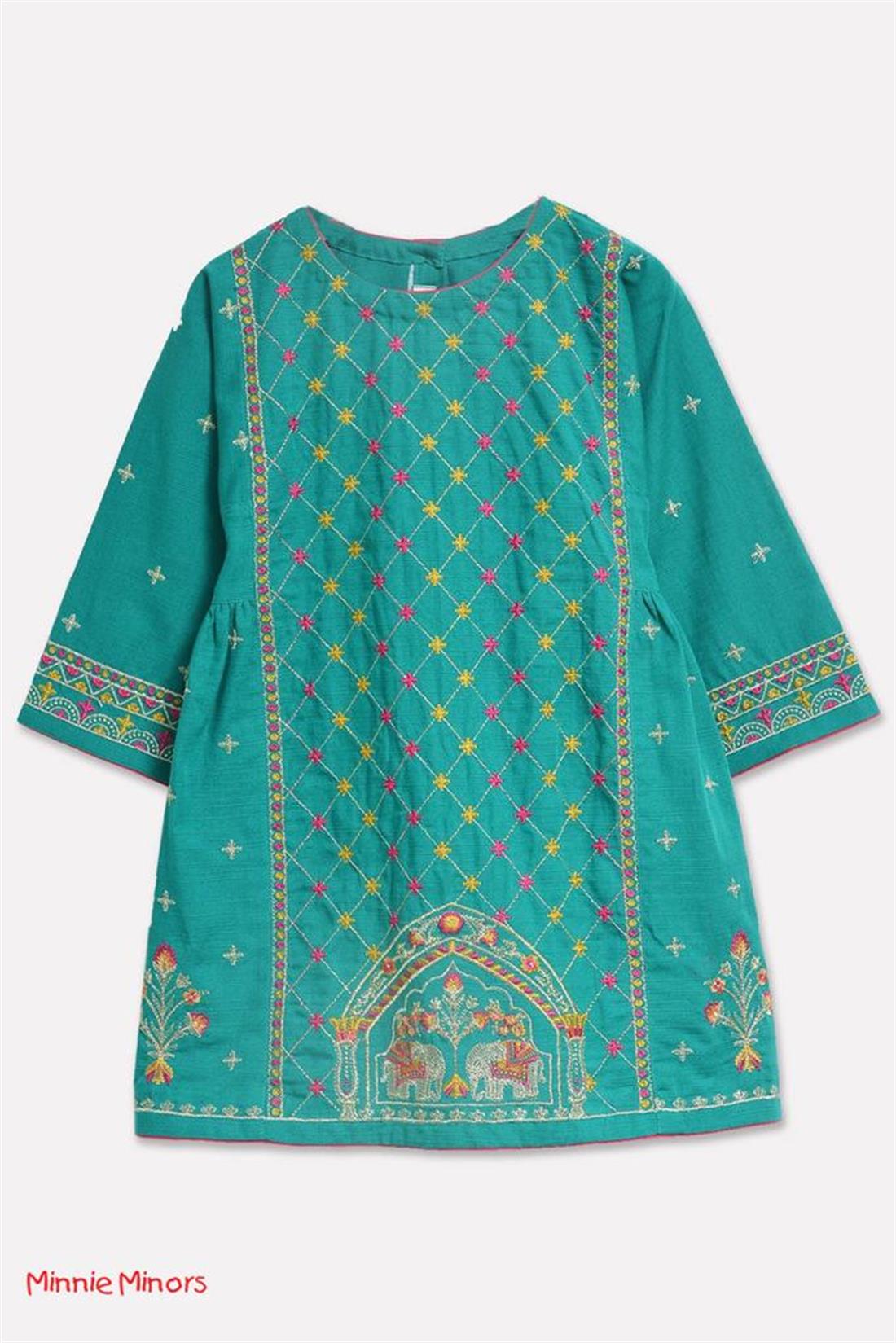 Turquoise Khadar Frock with Kasab and Thread Embroidery.
