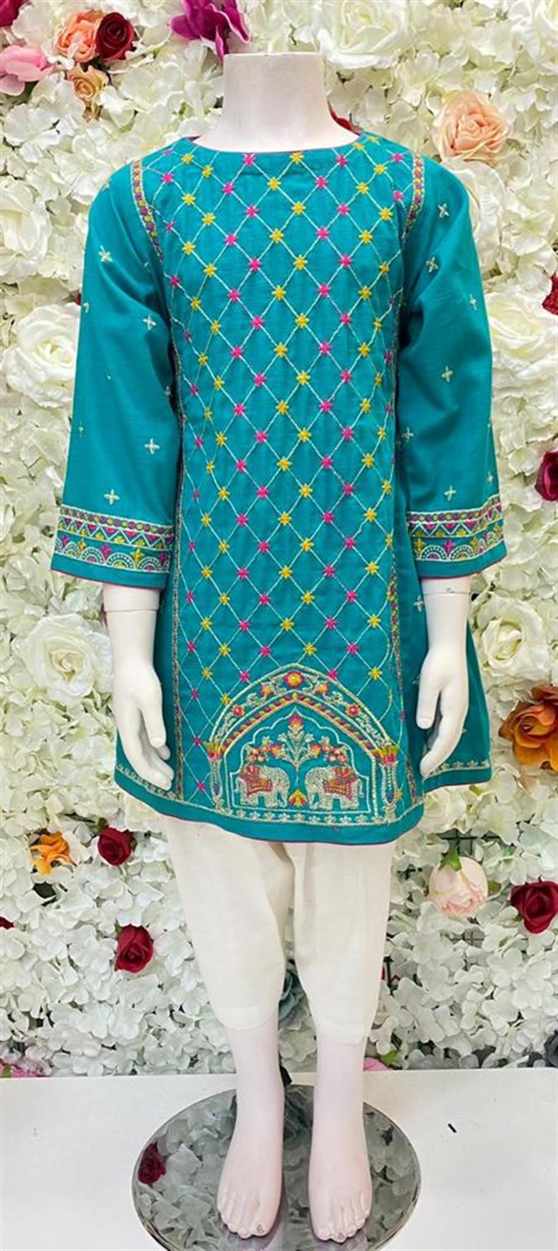 Turquoise Khadar Frock with Kasab and Thread Embroidery.
