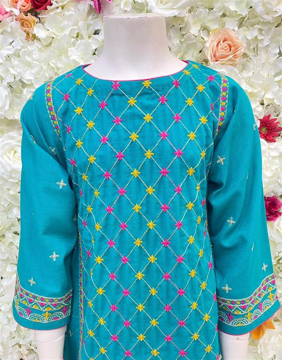 Turquoise Khadar Frock with Kasab and Thread Embroidery.