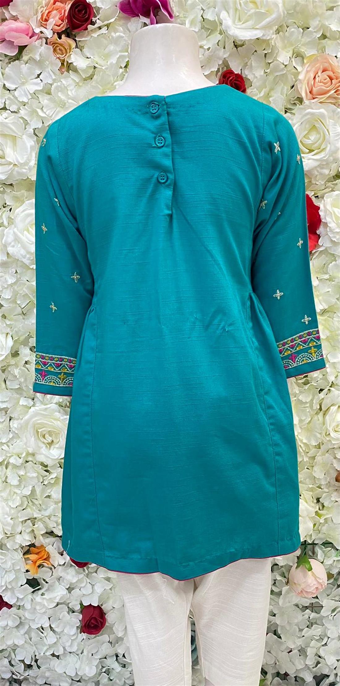 Turquoise Khadar Frock with Kasab and Thread Embroidery.