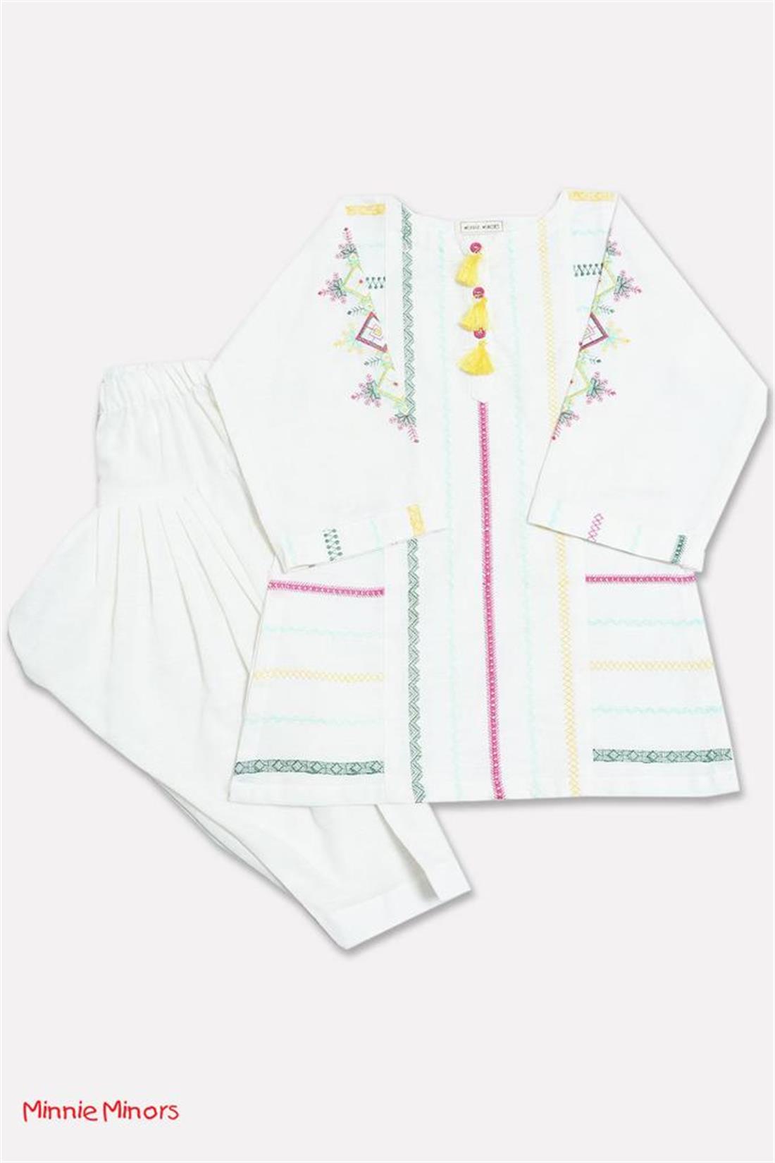 White Printed Khadar Frock Kurta with Hand Embellishment.