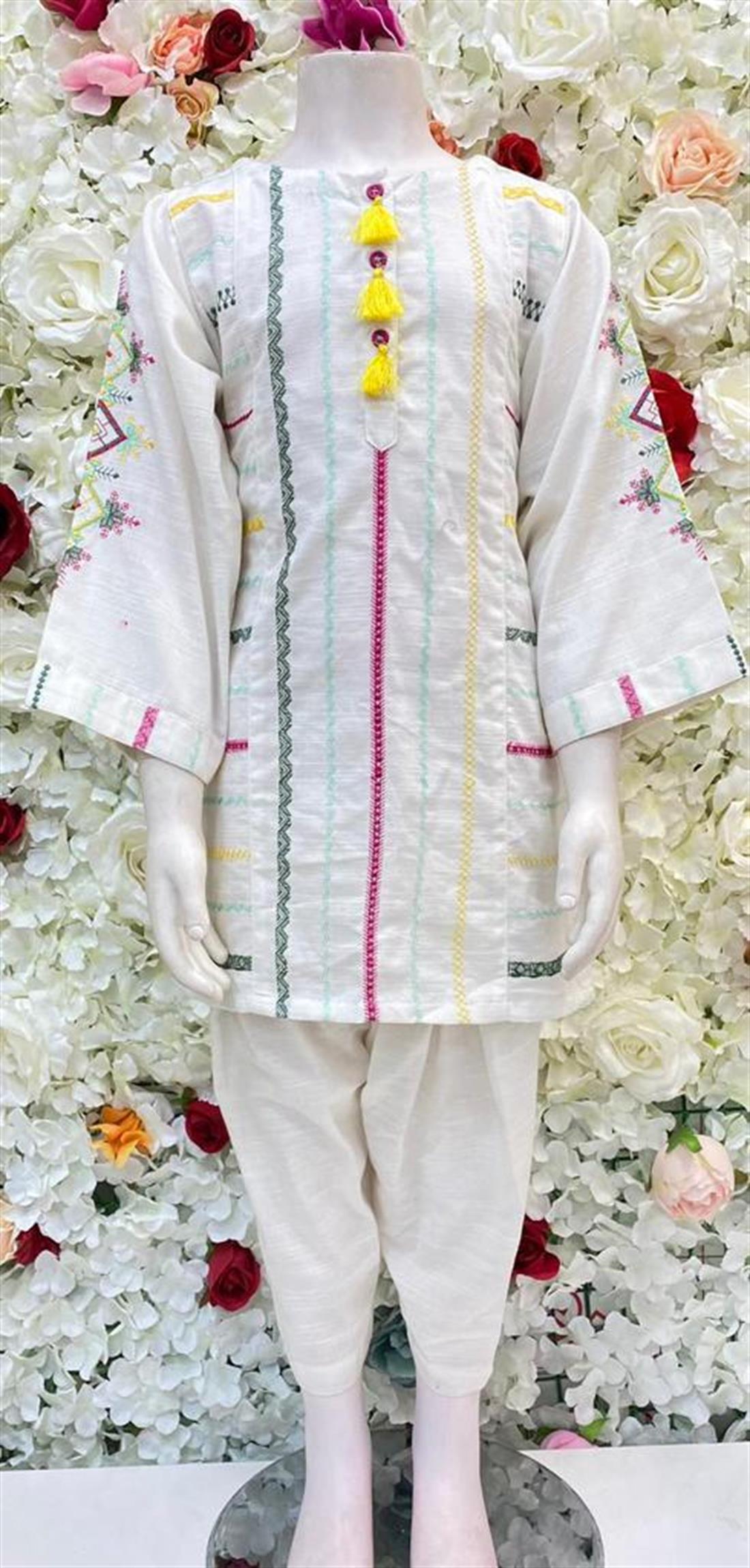 White Printed Khadar Frock Kurta with Hand Embellishment.