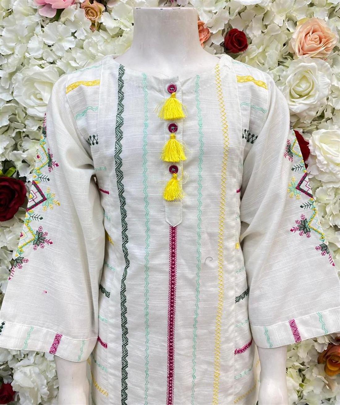 White Printed Khadar Frock Kurta with Hand Embellishment.