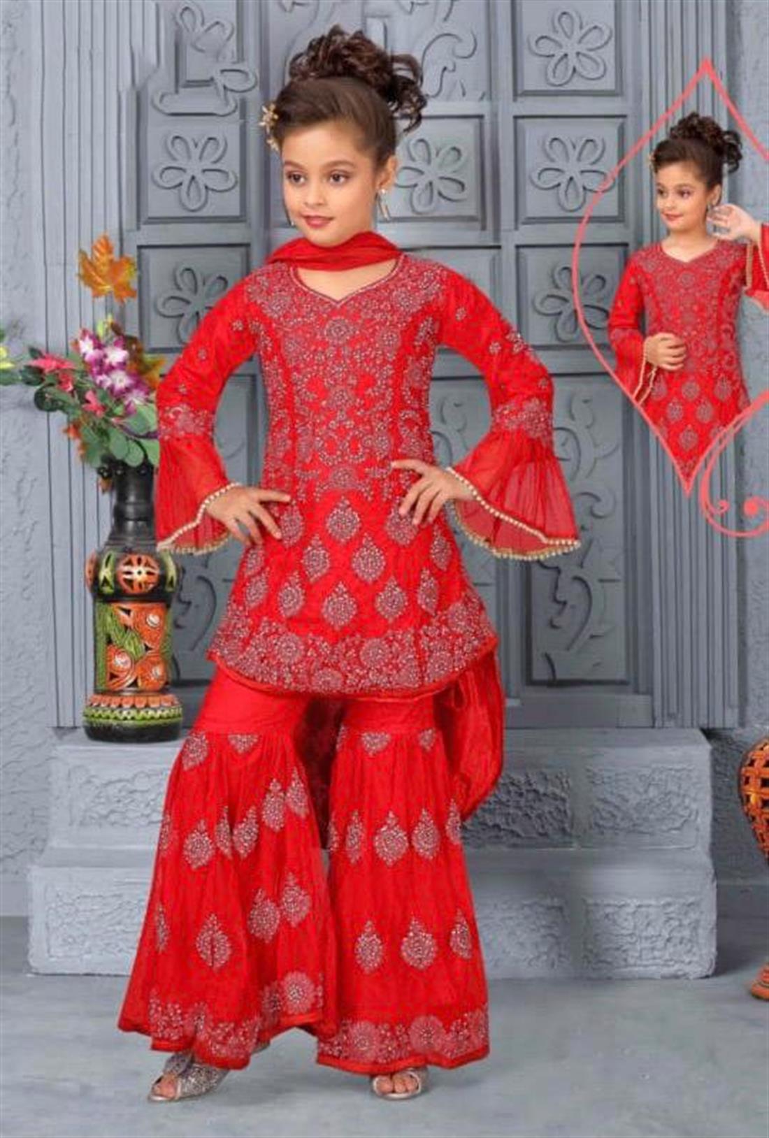 Red Embroidered Net Gharara Girlswear