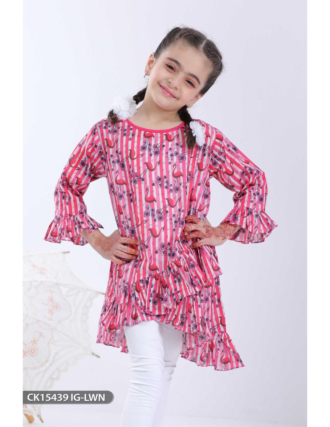 Pink Tail Style Frock Kurta with Beads and Print.