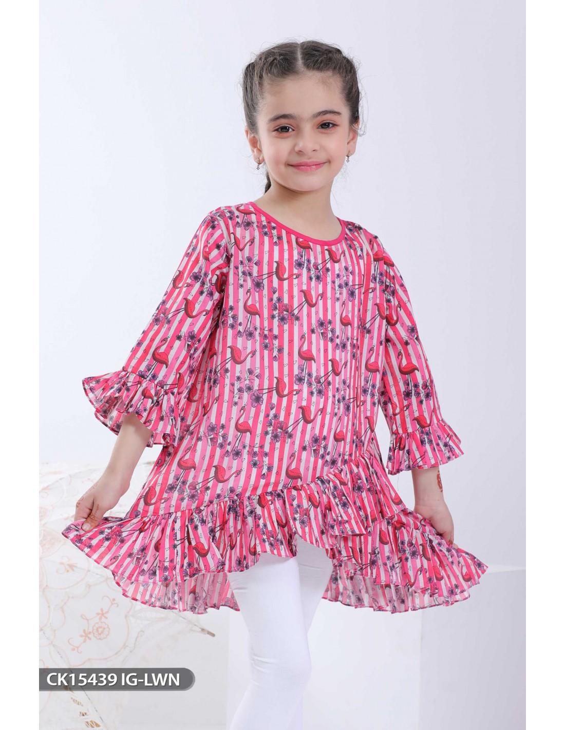 Pink Tail Style Frock Kurta with Beads and Print.