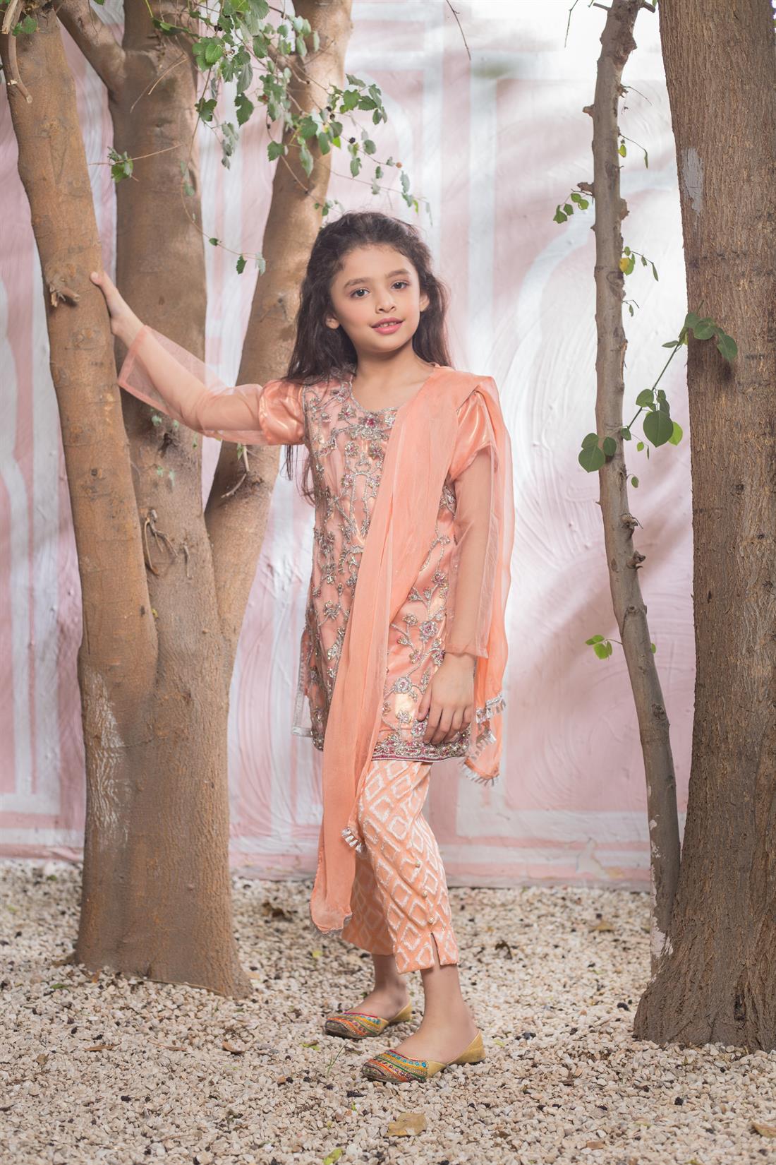Peach Embroidered Net Gharara Girlswear