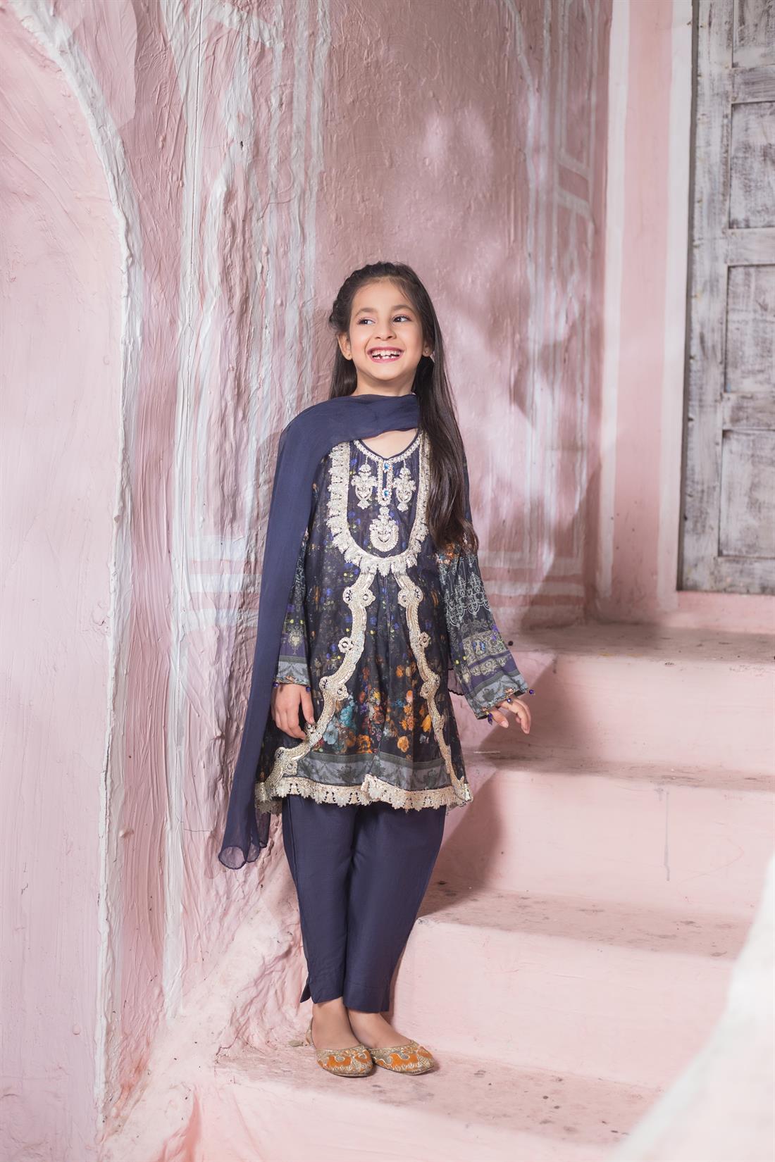 Navy Blue Embroidered Chiffon Girlswear