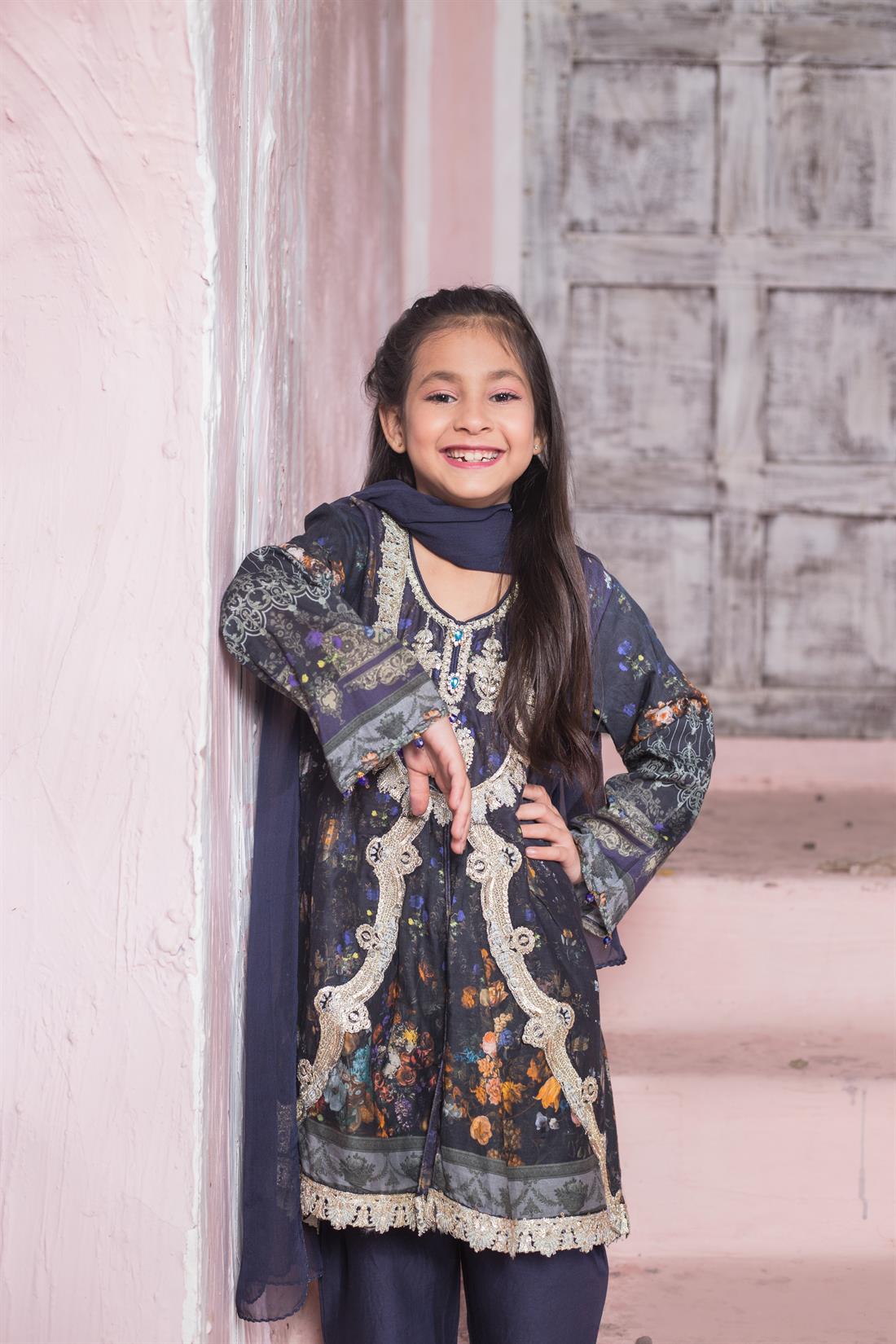 Navy Blue Embroidered Chiffon Girlswear