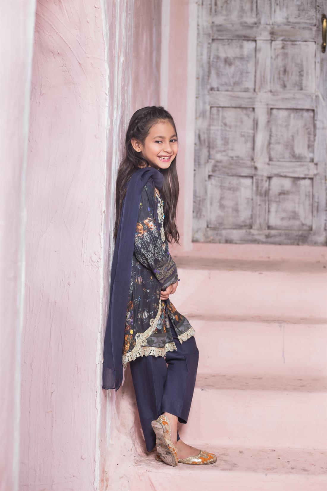 Navy Blue Embroidered Chiffon Girlswear