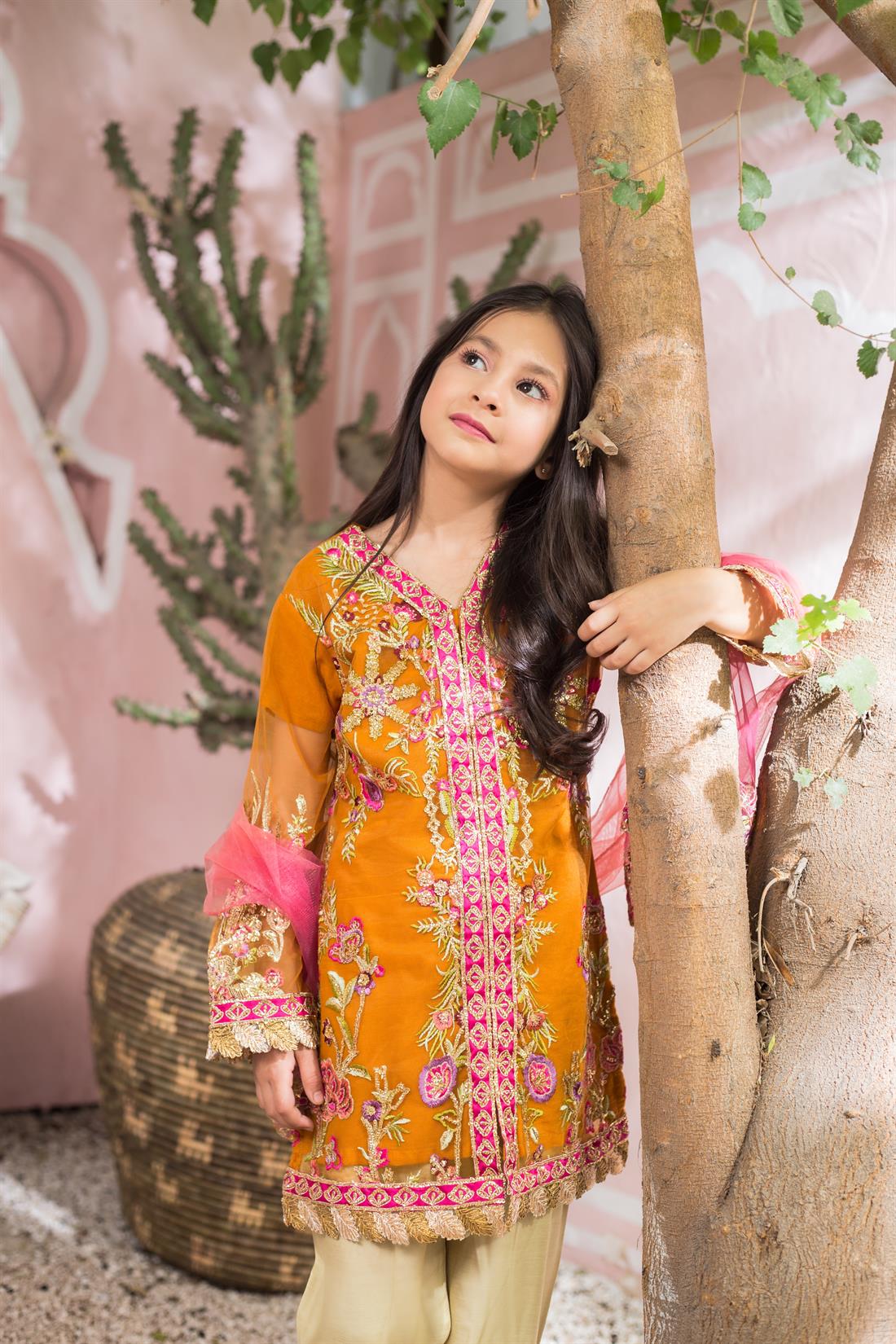Burnt Orange Embroidered Net Gharara Girlswear