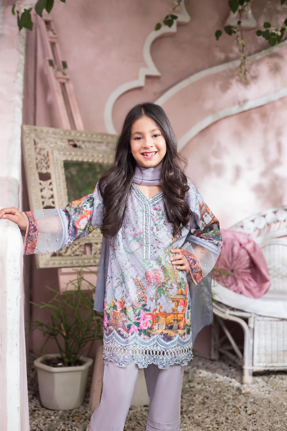 Grey Silver Printed Chiffon Girlswear